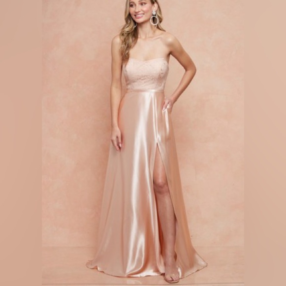 Elegant Satin Strapless Dress w/ Slit